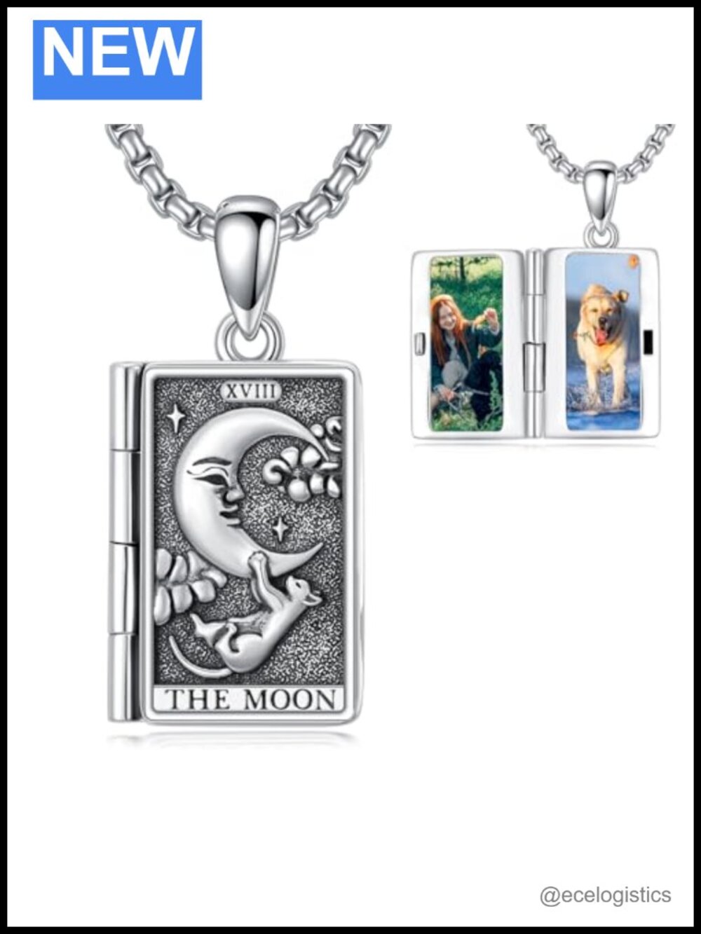 Sterling Silver Tarot Locket Necklace Cat Moon Pendant Adjustable Chain